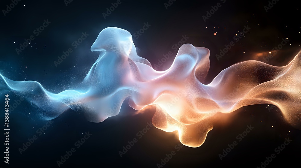 Poster ethereal smoke forms merge in space, glowing with blue and orange light against dark starry backgrou