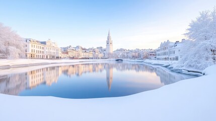 Fototapeta premium Winter wonderland town reflected in a frozen lake