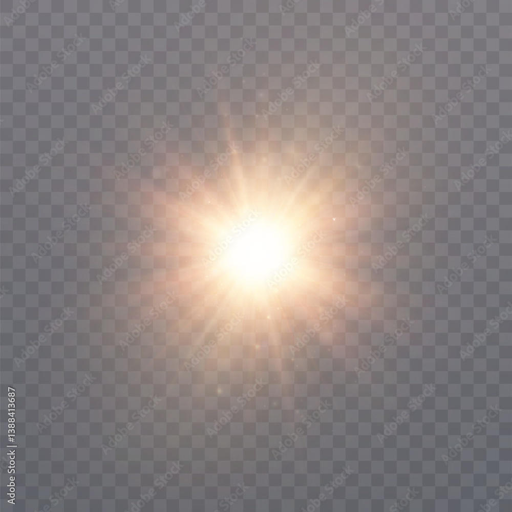 Poster bright glowing sunbeam with radial rays and soft sparks on transparent background. representations o