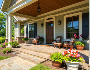View of a large front porch with chairs and potted plants and flowers.