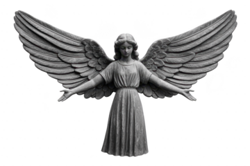 A serene stone angel statue with outstretched wings and open arms symbolizes peace and protection. detailed craftsmanship highlights angel graceful features and flowing robe