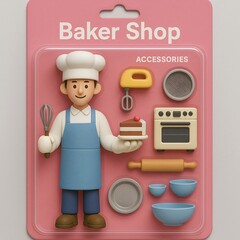 Occupation Create an image of a 3D art toy baker shop, accessories in a shelf-hanging package labeled.