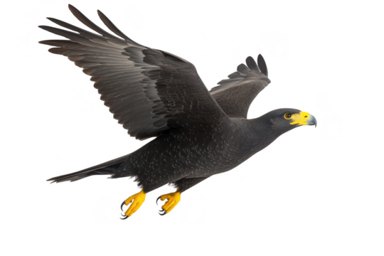 A majestic black eagle with striking yellow beak and talons soars gracefully through sky, its powerful wings outstretched. bird intense gaze and sleek feathers convey strength and elegance
