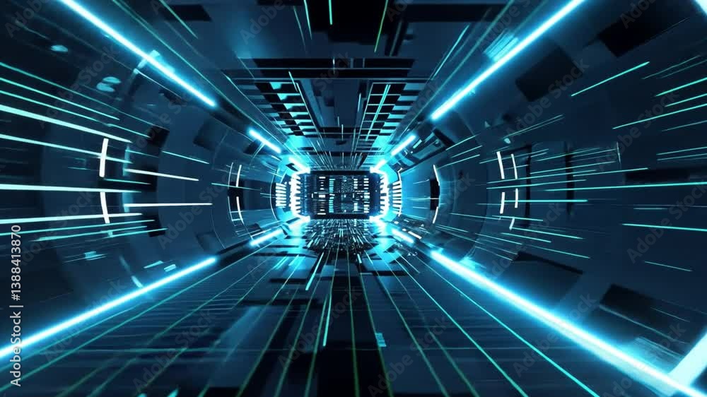 Poster futuristic digital tunnel with glowing blue lines and geometric patterns evokes sense of speed and m