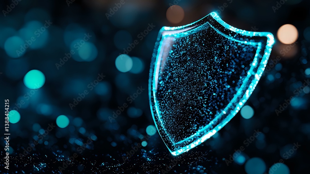 Poster glowing blue shield icon on dark background with bokeh effect and particles, representing digital se