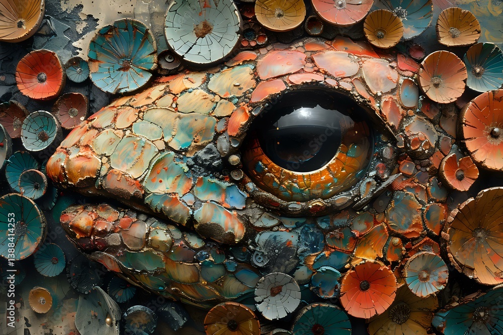 Poster close-up macro view of fantasy dragon or reptile eye with textured scaly skin surrounded by circular