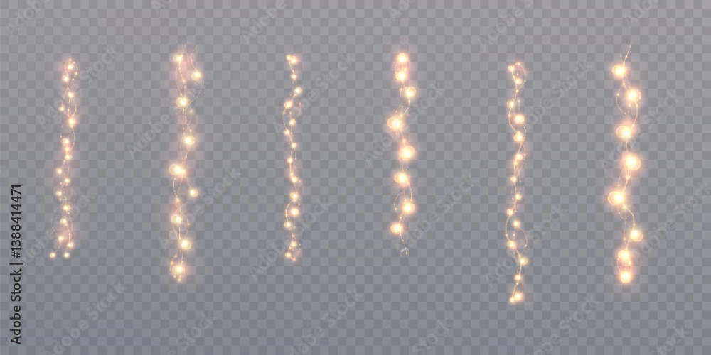 Poster set of vertical glowing string lights with warm golden bulbs on transparent background. ideal for fe