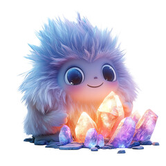 A Fluffy 3D Cartoon Character Discovering a Glowing Crystal Isolated on Transparent Background