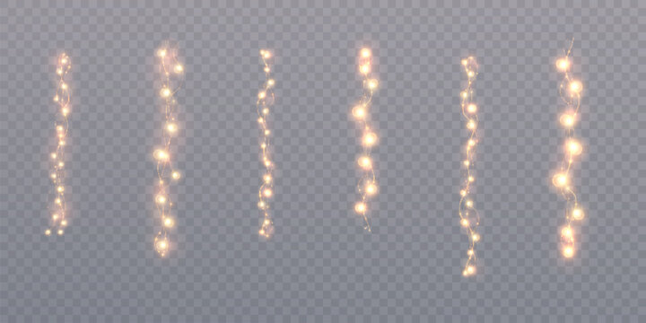 Set of vertical glowing string lights with warm golden bulbs on transparent background. Ideal for festive decorations, wedding design, holiday banners, overlays and party visuals.