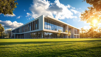 Modern Architecture on a Sunny Day: A sleek, contemporary building stands under a brilliant blue sky, reflecting the vibrancy of its natural surroundings.