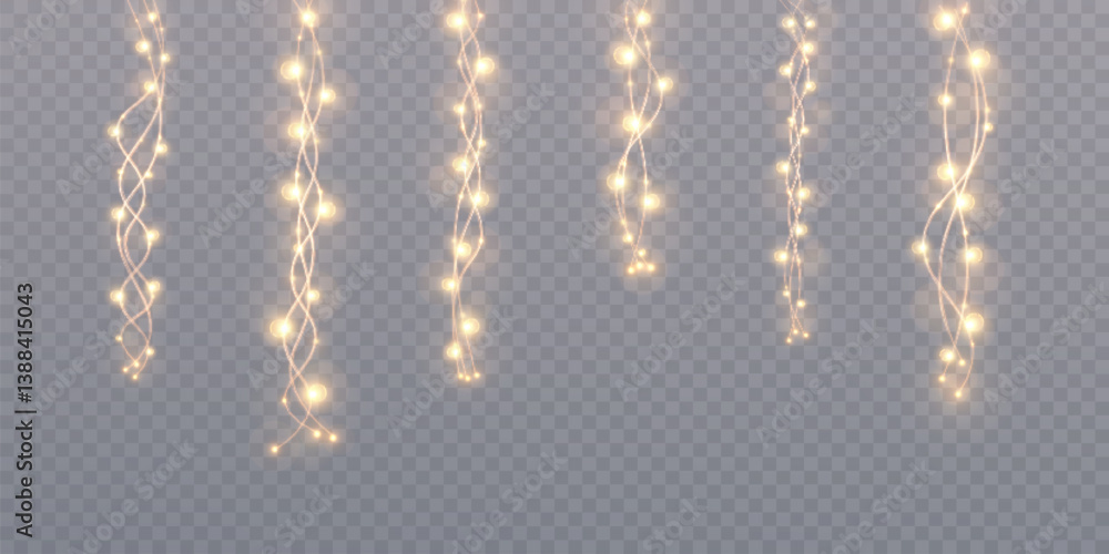 Poster vertical golden string lights with glowing bulbs on transparent background. ideal for festive decora