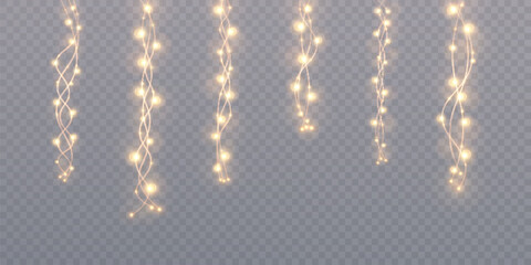 Vertical golden string lights with glowing bulbs on transparent background. Ideal for festive decorations, holiday scenes, party backdrops, or elegant illumination in event design.

