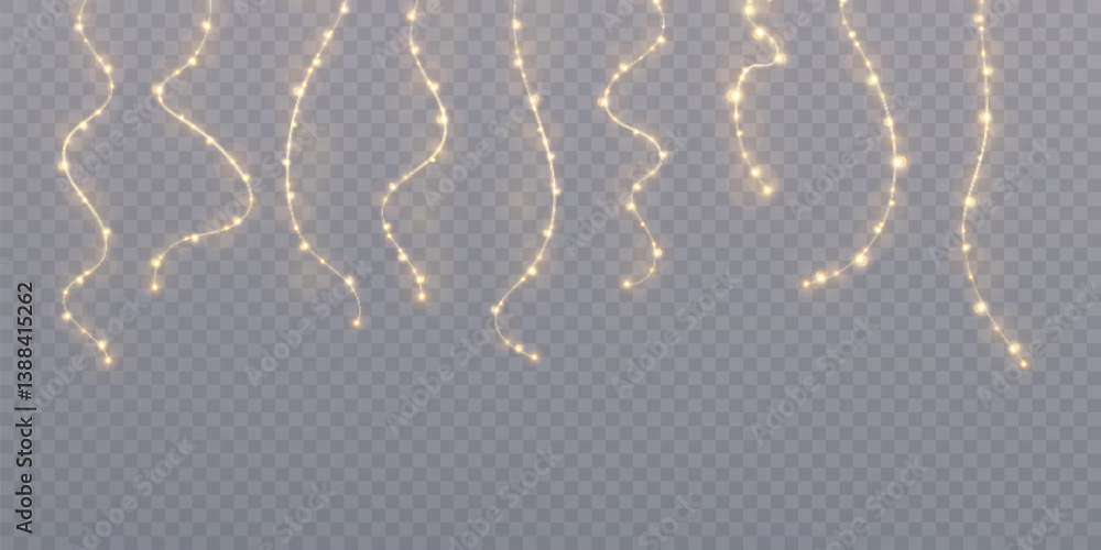 Poster set of vertical glowing string lights with warm golden bulbs on transparent background. ideal for fe
