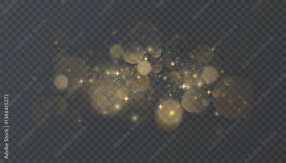 Poster golden bokeh light effect with sparkles and glow dust on transparent background. ideal for luxury ce