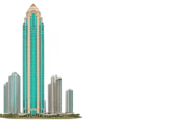 A tall, modern skyscraper with sleek design stands prominently against clear sky, surrounded by smaller buildings. structure features combination of glass and steel, reflecting contemporary