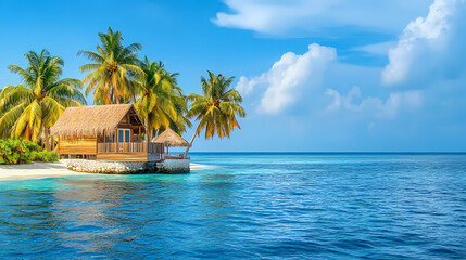 Obraz premium Tropical Paradise: A captivating image showcasing an idyllic tropical scene, where a charming hut nestles on a pristine beach, framed by swaying palm trees and the calm, azure waters of the ocean.