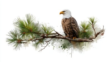 Generic Bald Eagle View Perched Pine Watercolor Branch