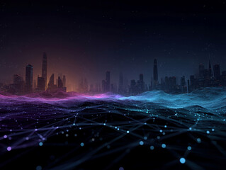 A futuristic cityscape at night, glowing with neon lights and an overlaid network symbolizing digital communication and data flow The image represents themes of modern technology, inno - AI-Generated
