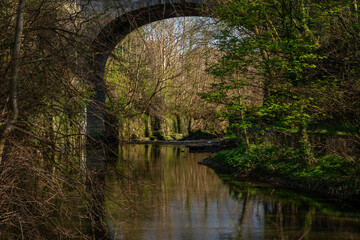 A peaceful woodland river flows beneath a stone arch bridge, surrounded by spring greenery and the...