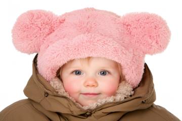 A cute child wearing fluffy pink hat with bear ears and warm brown coat smiles warmly. cozy winter attire adds to adorable and cheerful expression