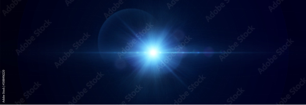 Poster blue glowing lens flare burst with radial rays and subtle glow on dark space background. suitable fo