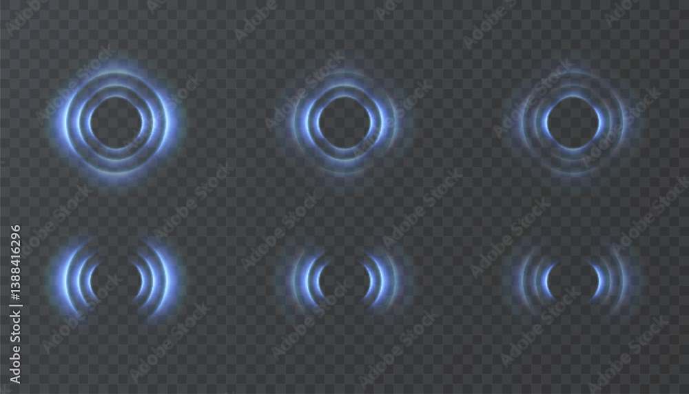 Poster set of glowing blue radar rings and wave pulses on dark transparent background. ideal for sci-fi int