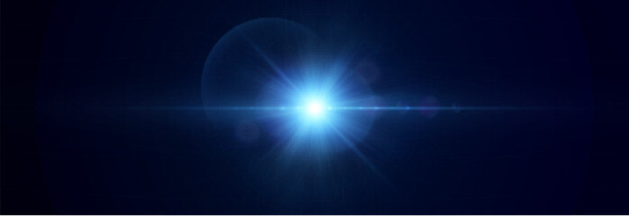 Blue glowing lens flare burst with radial rays and subtle glow on dark space background. Suitable for sci-fi visuals, digital effects, cosmic interfaces and cinematic transitions.