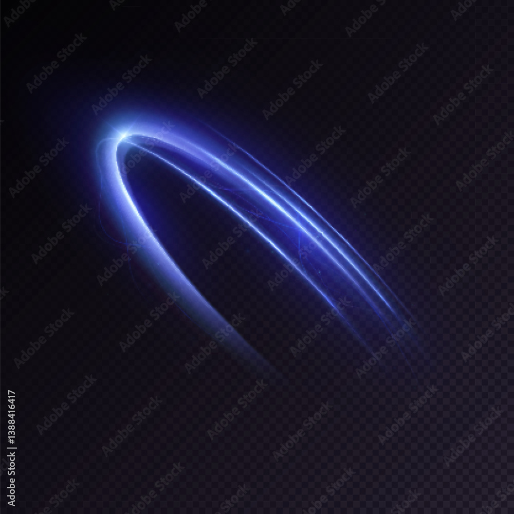 Poster curved blue glowing trail with soft motion blur and transparency on dark background. vector for digi