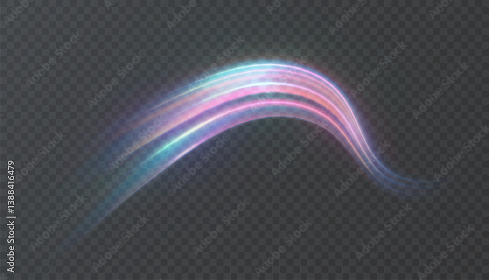 Aufkleber Colorful curved light trail with neon glow and motion blur on transparent background. Vector for dynamic effects, digital art, futuristic design, sci-fi visuals and abstract compositions.