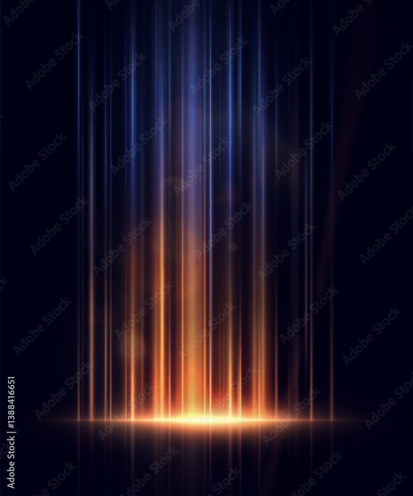 Poster Abstract background with vertical glowing rays in orange and blue tones on a dark background. Ideal for fantasy portals, sci-fi scenes, stage lighting, magical energy effects, technical interfaces.