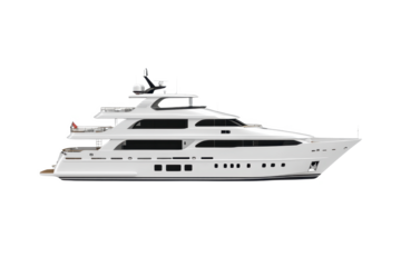 A luxurious white yacht with multiple decks is shown in side view, highlighting its sleek design and modern features. yacht is equipped with various amenities for comfort and leisure