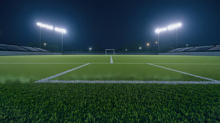 Fototapeta premium Illuminated Stadium at Dusk: A captivating view of a soccer field, under the bright illumination of stadium lights against a darkening sky. Capture the anticipation and excitement