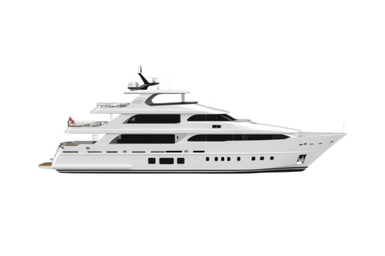 A luxurious white yacht with multiple decks is shown in side view, highlighting its sleek design and modern features. yacht is equipped with various amenities for comfort and leisure