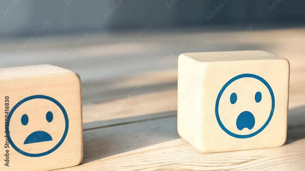 Aufkleber four wooden blocks displaying different emotions arranged on a light wooden surface indoors