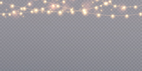 Christmas garlands with glowing warm bulbs and glitter on a transparent background. Perfect for party banners, holiday scenes, weddings or elegant evening decorations.