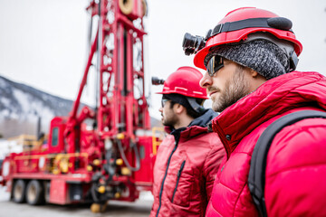 specialized drilling team monitoring equipment in remote mountain location during resource assessment