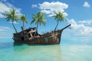 Fototapeta premium Tropical Paradise: A weathered ship, adorned with thriving palm trees, rests gracefully in the tranquil embrace of a tropical oasis, under a vibrant blue sky filled with fluffy clouds.