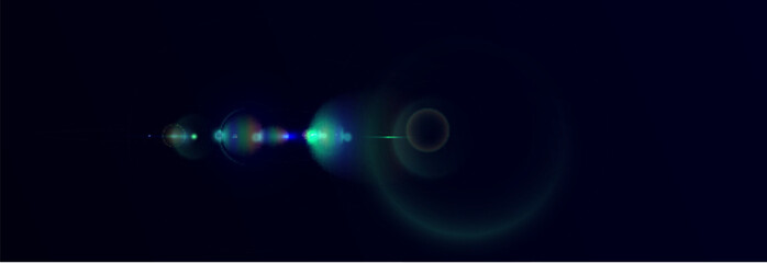 Realistic lens flare with colorful light rings and blue glow on dark background. Ideal for sci-fi effects, video overlays, digital design, photography and cinematic visuals.