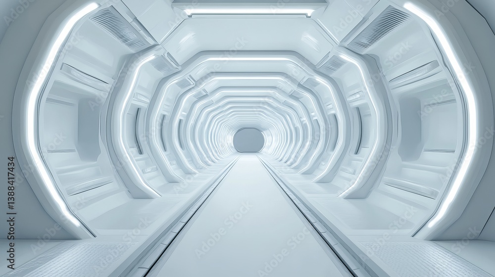 Poster futuristic white tunnel with repeating geometric shapes and bright lighting creating a sense of dept