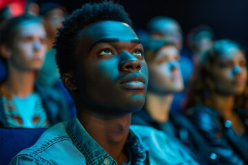 Portrait of a young African American man watching a movie in the theater
