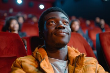 Obraz premium Portrait of a young African American man watching a movie in the theater