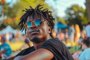Portrait of a young african american man at a music festival