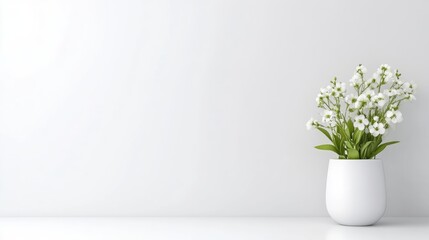 Naklejka premium A white vase with a bouquet of delicate white flowers on a minimalist shelf against a plain wall, and simple and elegant home decor concept.