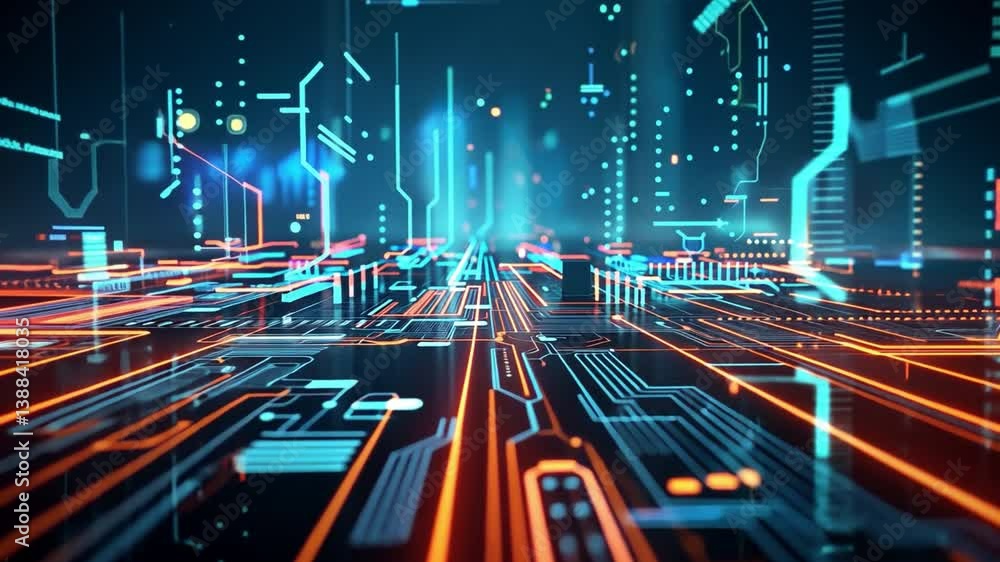 Poster futuristic digital landscape glowing circuit patterns and neon lines create abstract design of techn