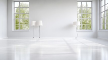 Obraz premium A minimalist room features two floor lamps and two large windows. The bright, clean space has a polished floor reflecting light. The image is high-quality, showcasing a contemporary style. Soft ligh