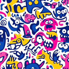 Obraz premium Discover a whimsical seamless pattern featuring bold doodle monsters in fun colorsperfect for a playful design touch