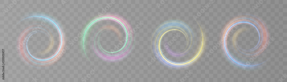 Poster set of glowing neon swirl rings with motion blur on transparent background. vector for energy effect