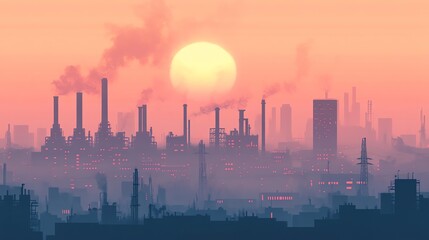 Fototapeta premium Industrial Cityscape with Factories and Smoke at Sunset Illustration