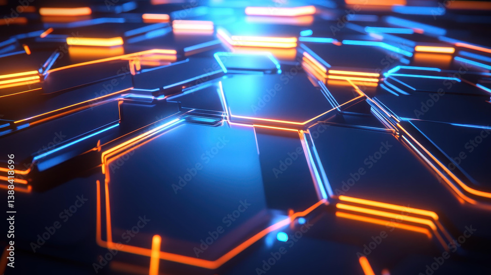 Poster experience a captivating digital hexagon background featuring neon lights and tech patterns, perfect