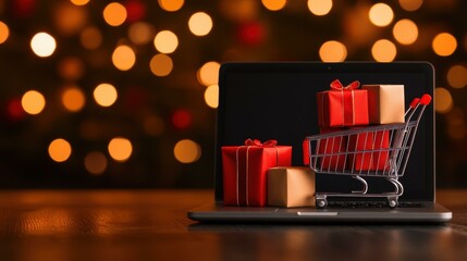 A laptop shows a shopping cart filled with festive gifts, highlighting the joy of online holiday shopping.